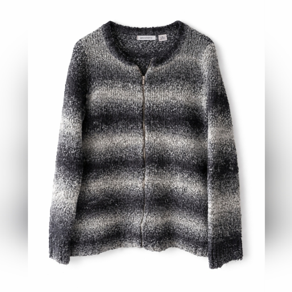 Liz Claiborne XL Soft Fuzzy Zip Cardigan Gray Black‎ Wool Blend Sweater
